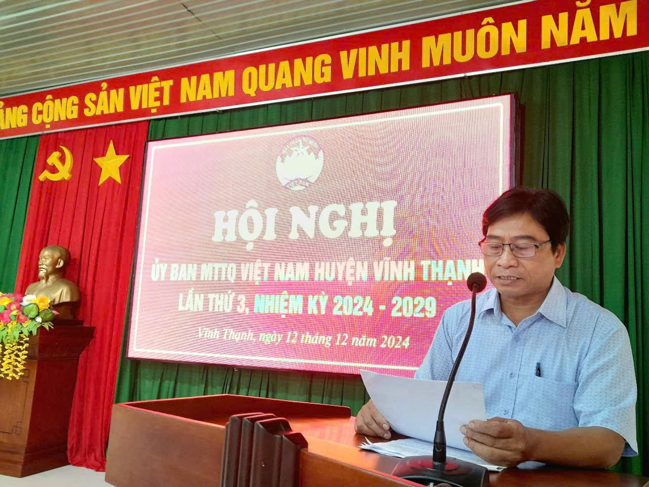 Chủ tịch Ủy ban MTTQ Việt Nam huyện Đinh A Zơn phát biểu tại Hội nghị